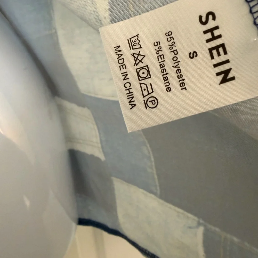 Blue and White Patchwork denim look top long sleeve button down - Picture 4 of 5